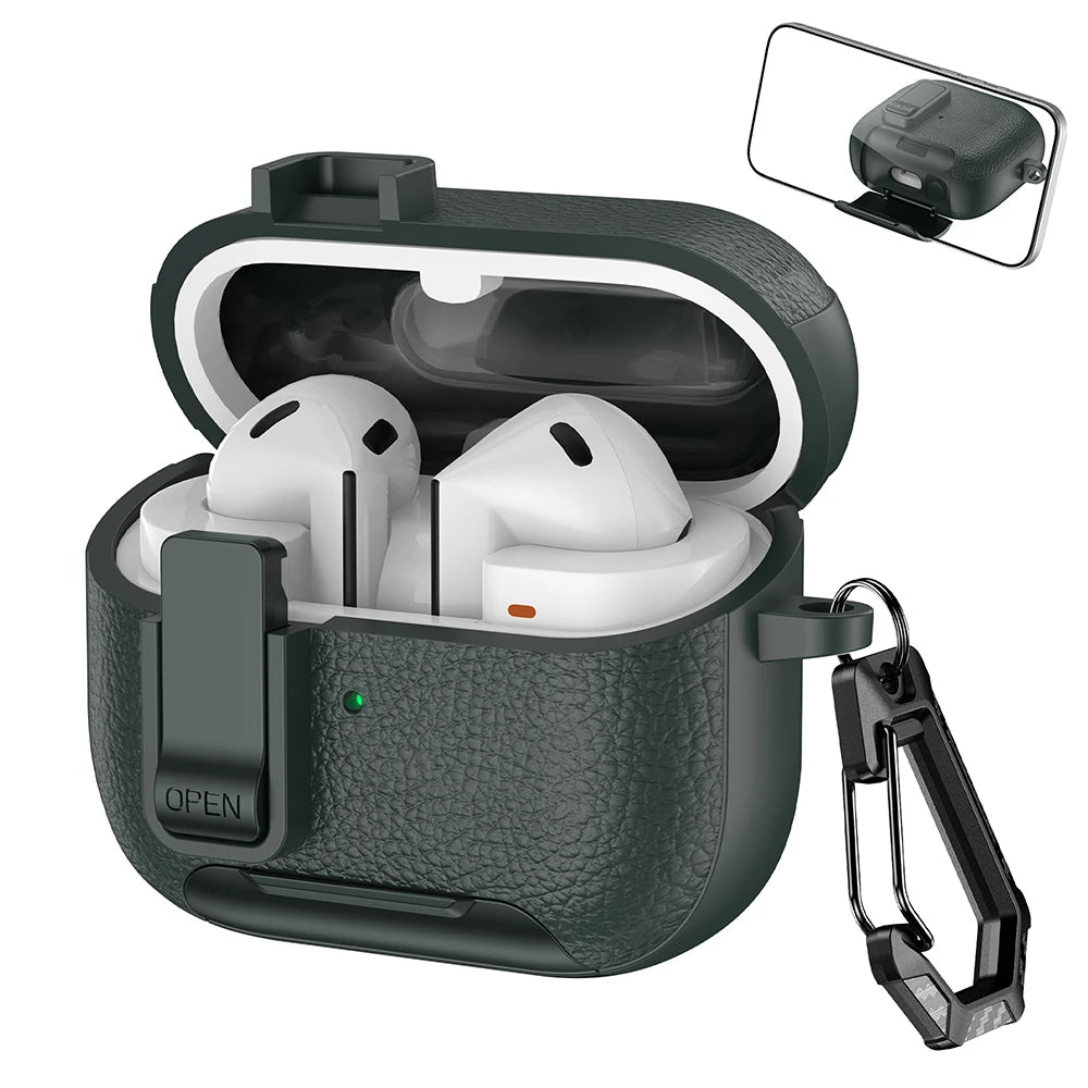 Leather Secure Lock Case for Samsung Galaxy Buds 3 Pro with Bracket Cover