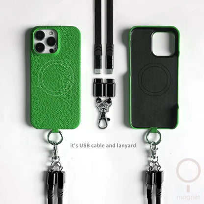 Leather MagSafe Case with USB Charging Lanyard for iPhone 13 12 11 Pro Max