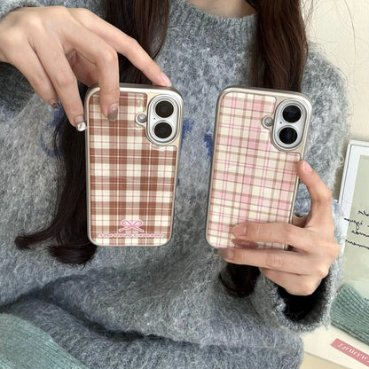 Korean Girly Checker Pattern Electroplated Leather Texture Case for iPhone 16 15 14 Pro Max