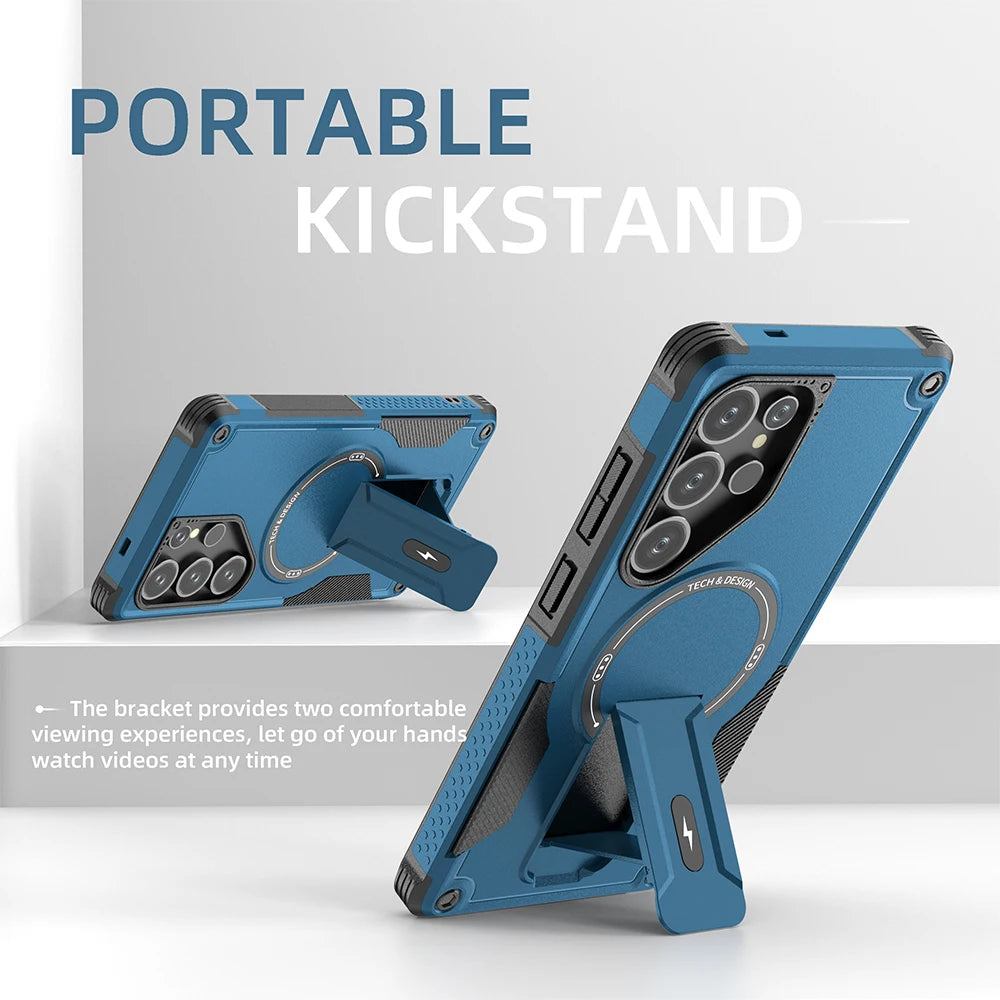 Foldable Magnetic Armor Case for Samsung S25 Ultra/S24 Plus with Stand & Wireless