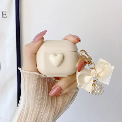 Ribbon Bowknot Pearl Keychain Case for AirPods 4 3 2 Pro Shockproof Cover