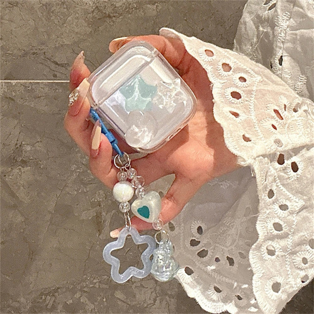 Cute 3D Star & Heart Clear Case with Bell for AirPods 1 2 3 Pro 2 Soft Cover