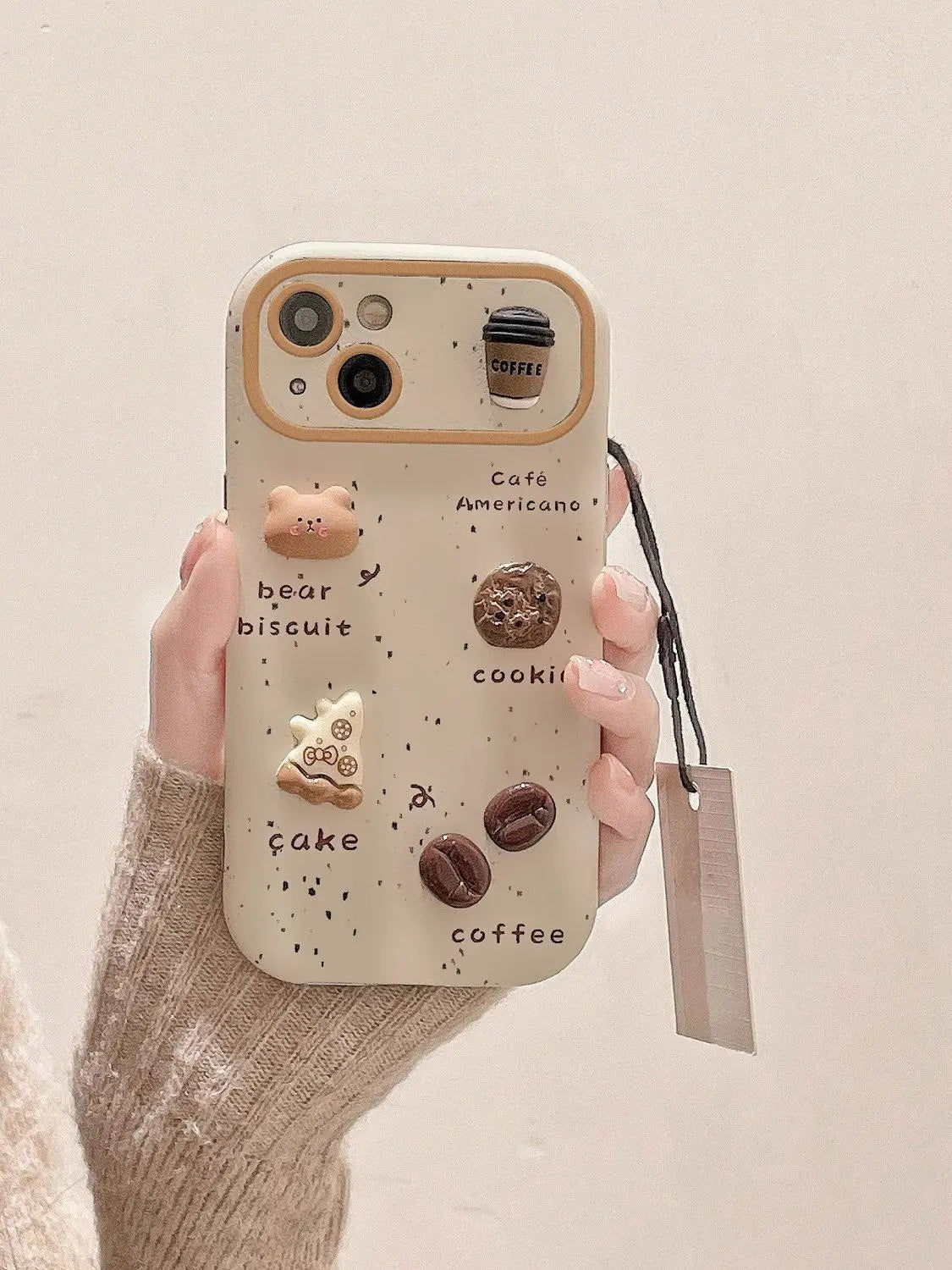 Cute Bear Coffee Phone Case with Lanyard for iPhone 11–15 Pro Max