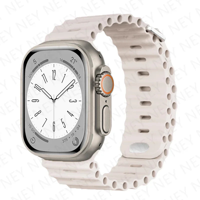 Ocean Silicone Strap for Apple Watch Ultra 2 & Series 9–3 SE, Adjustable 40–49mm Band