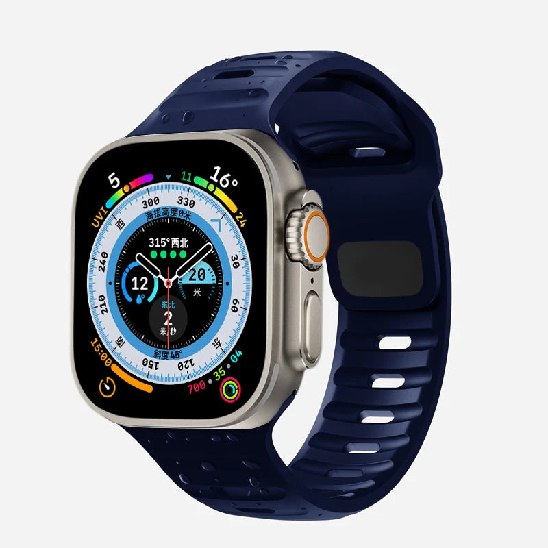 Durable and comfortable silicone strap compatible with Apple Watch Series 5–9 & Ultra.