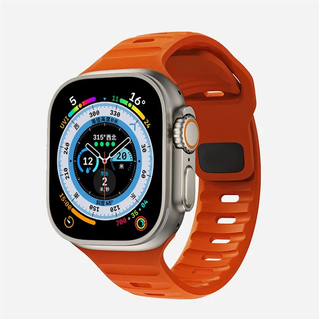 Durable and comfortable silicone strap compatible with Apple Watch Series 5–9 & Ultra.