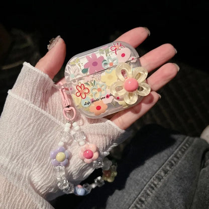 Flower TPU Earphone Case with Beaded Keychain | Shockproof for AirPods 1–4