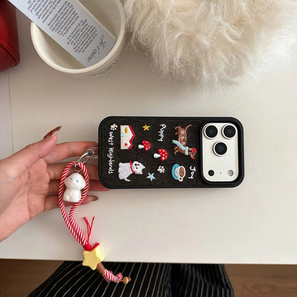 Cute Denim Embroidered Dachshund Phone Case with Lanyard for iPhone 17–14