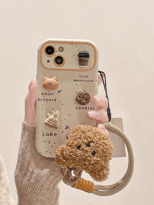 Cute Bear Coffee Phone Case with Lanyard for iPhone 11–15 Pro Max
