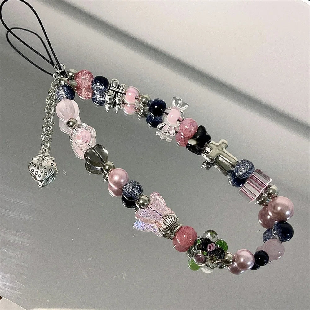 Y2K Pink Beaded Flower Butterfly Phone Charm Bracelet for iPhone