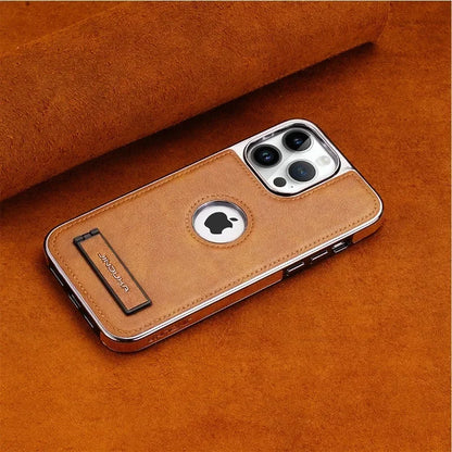 Invisible Fold Stand Leather Case for iPhone 16–11 Pro Max with Gold Bezel