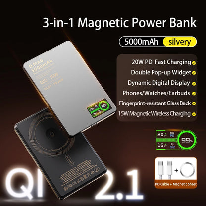 3-in-1 Magnetic Power Bank 15W Wireless Fast Charger for iPhone 12–17 Pro