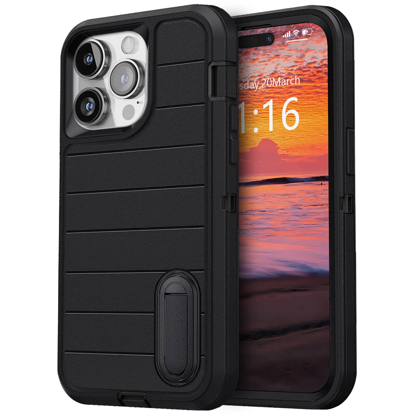Heavy Duty 3-Layer Kickstand Case for iPhone 14/14 Plus/14 Pro/14 Pro Max – Black