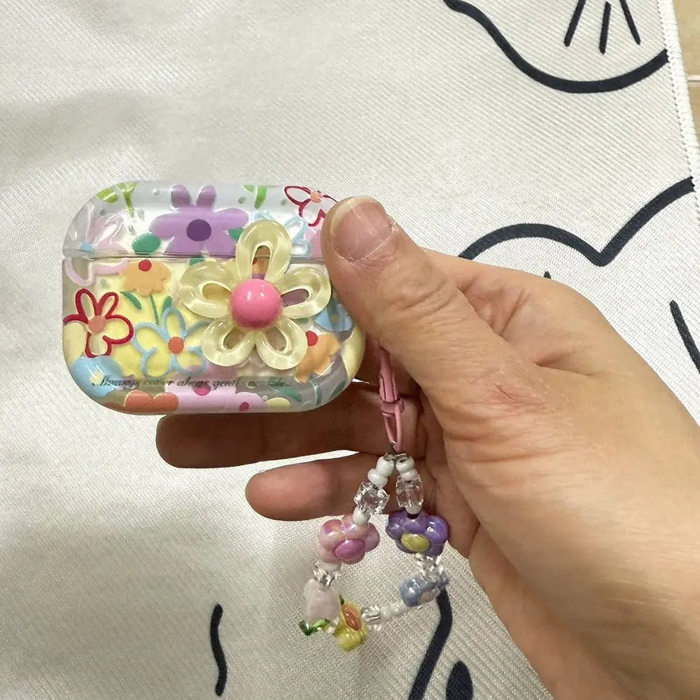 Flower TPU Earphone Case with Beaded Keychain | Shockproof for AirPods 1–4