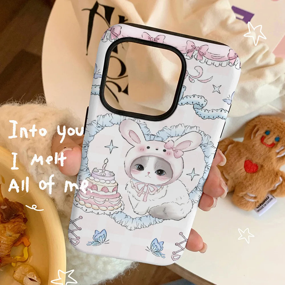 INS Rabbit Birthday Cake Case for iPhone 15 Pro Max 14 13 12 11 XR Acrylic TPU