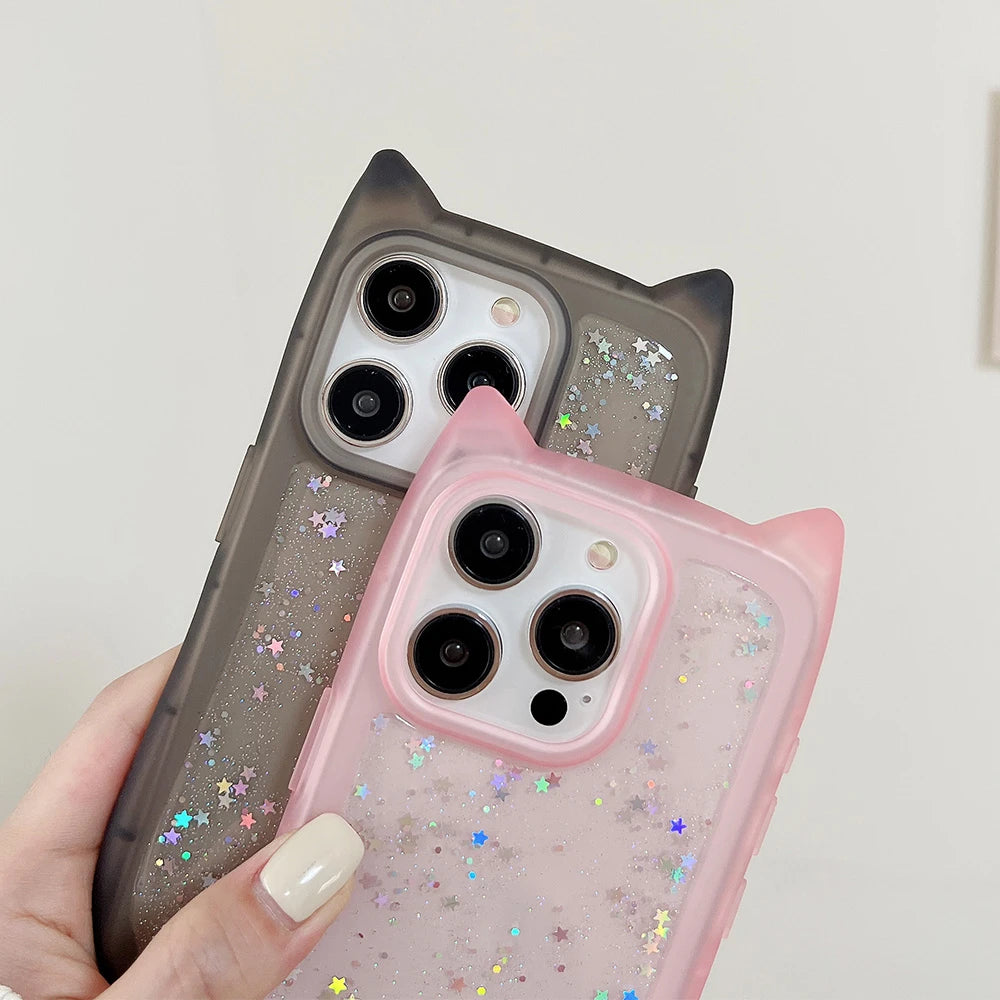Cute Cat Ear Glitter Transparent Case for iPhone 16 15 14 13 12 11 Pro Max