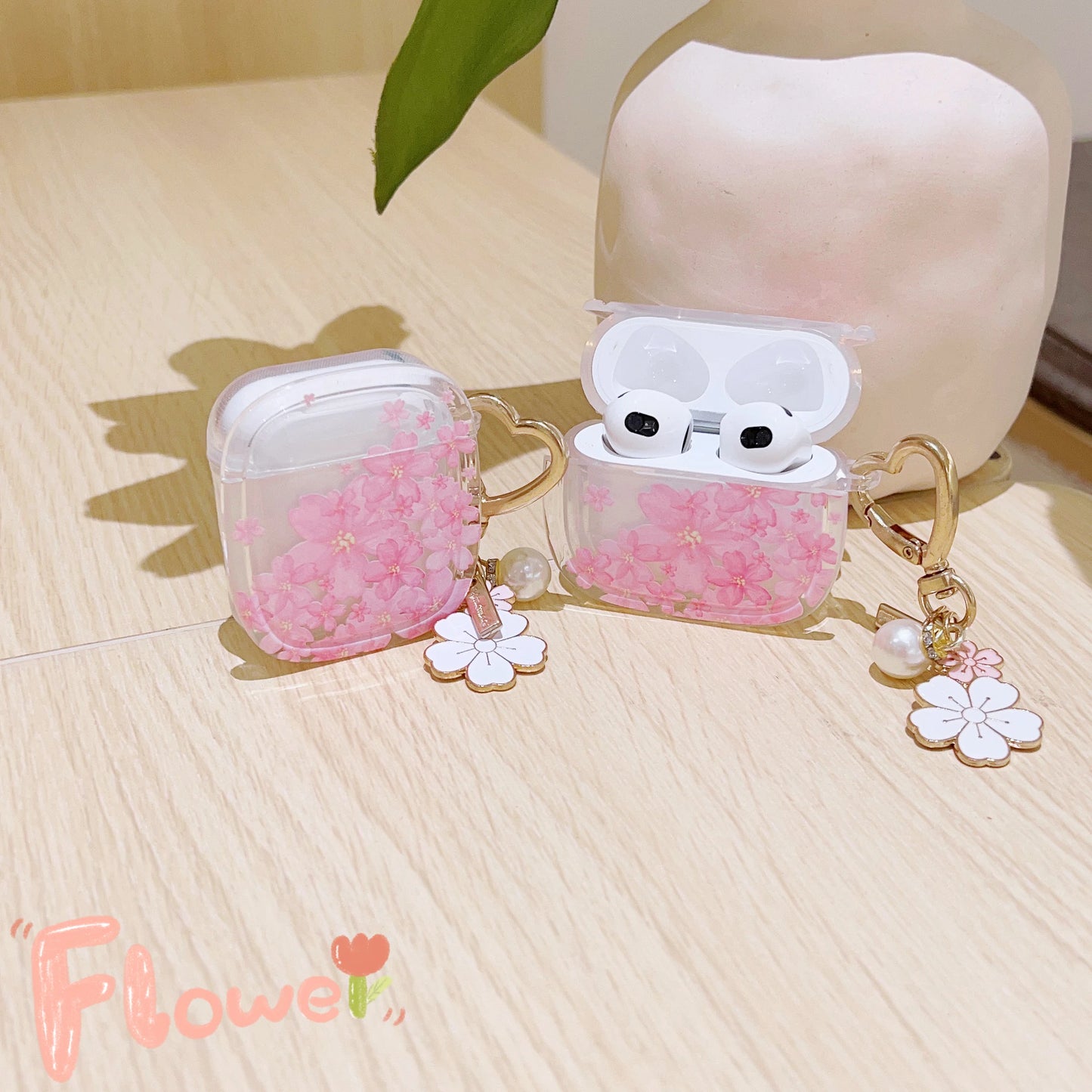 Pink Cherry Blossom Case for AirPods Pro 2/1/3 with Pearl & Butterfly Charm