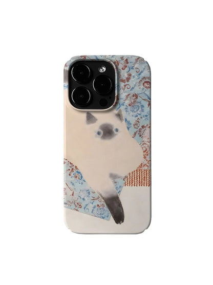 Vintage INS Oil Painting Siamese Cat Phone Case for iPhone 11–16 Pro Max