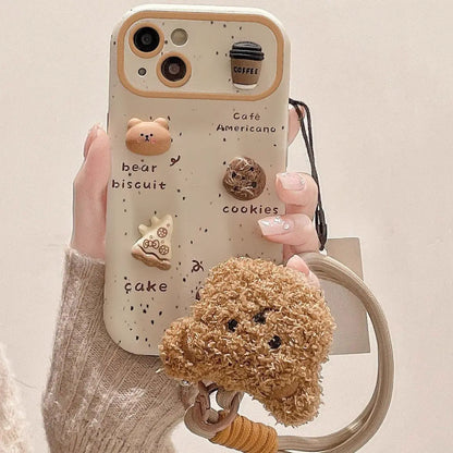 Cute Bear Coffee Phone Case with Lanyard for iPhone 11–15 Pro Max