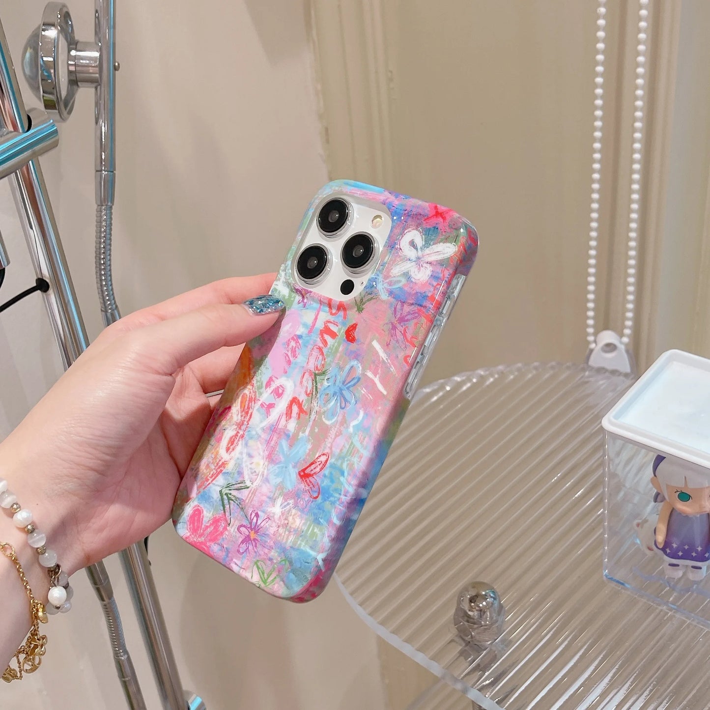Korean Graffiti Flower Double-Layer Case for iPhone 16 15 14 13 12 Pro Max