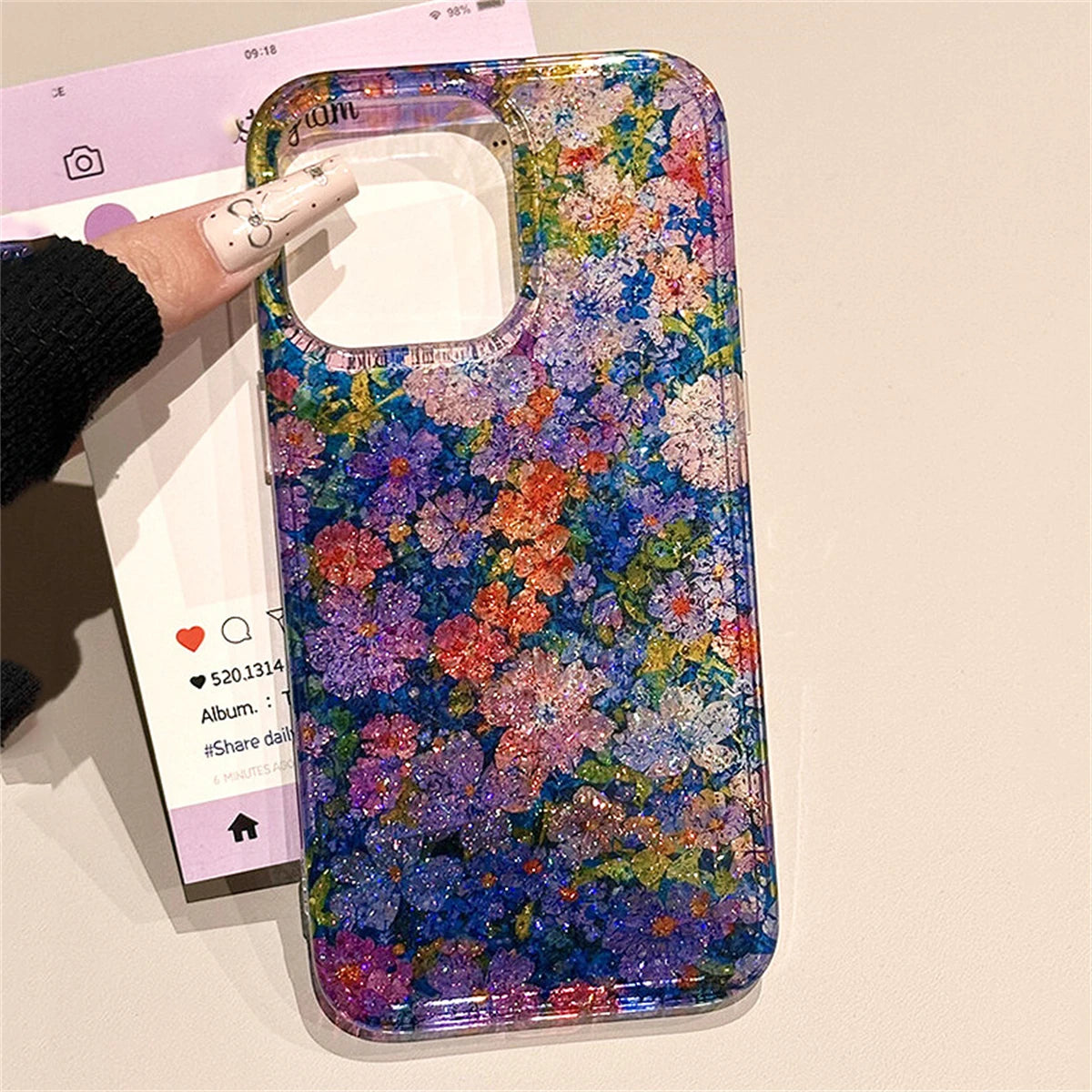Retro Floral Oil Painting Phone Case for iPhone 16, 15, 14, 13 Pro Max, Sequins