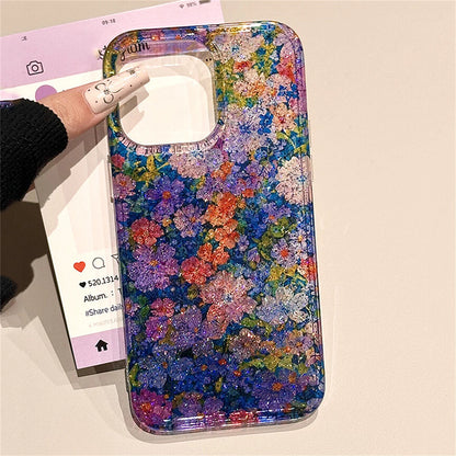 Retro Floral Oil Painting Phone Case for iPhone 16, 15, 14, 13 Pro Max, Sequins