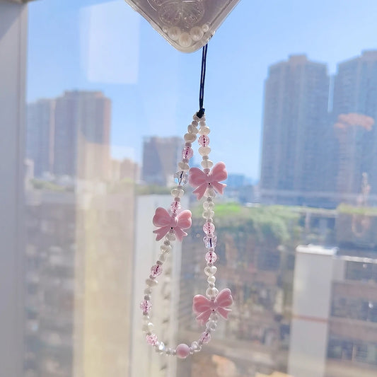 Korean Pink Bow Pearl Phone Charm – Y2K Beaded Strap for Cases