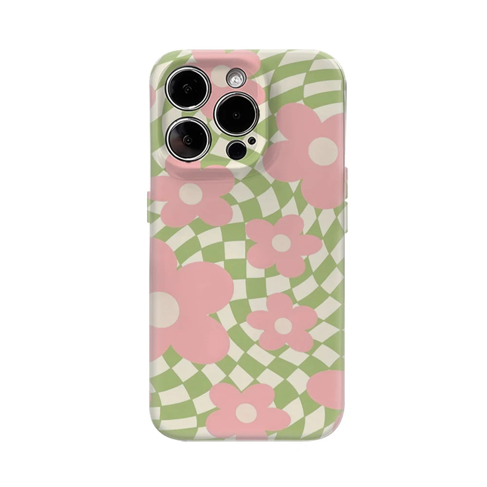 Pink Flowers Checkerboard Case for iPhone 17–11 | Double-Layer Cover