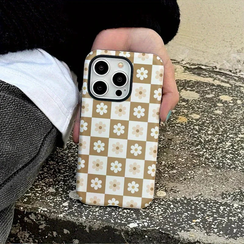 Luxury Plaid Flower Case for iPhone 16–7 Pro Max Fashion Double Layer