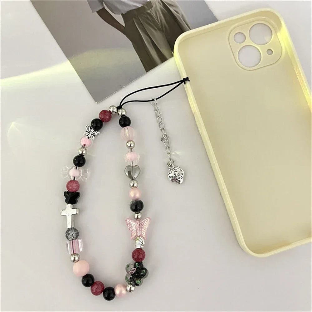 Y2K Pink Beaded Flower Butterfly Phone Charm Bracelet for iPhone
