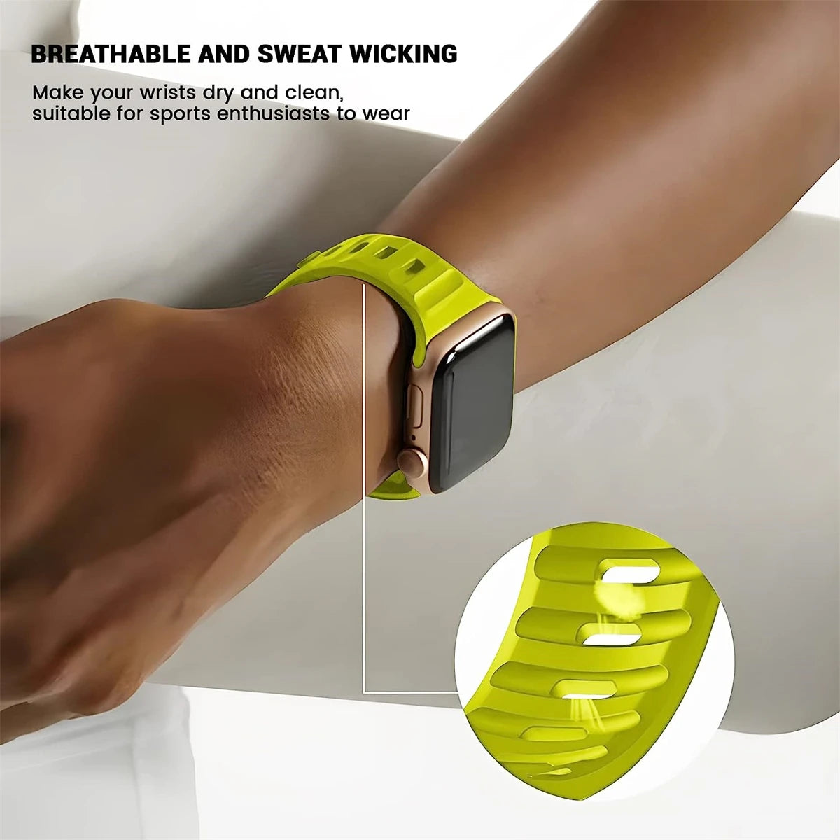 Durable and comfortable silicone strap compatible with Apple Watch Series 5–9 & Ultra.