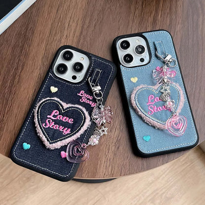 Denim Heart Pendant Case for iPhone 15 14 13 12 11 Pro Max Soft Bumper