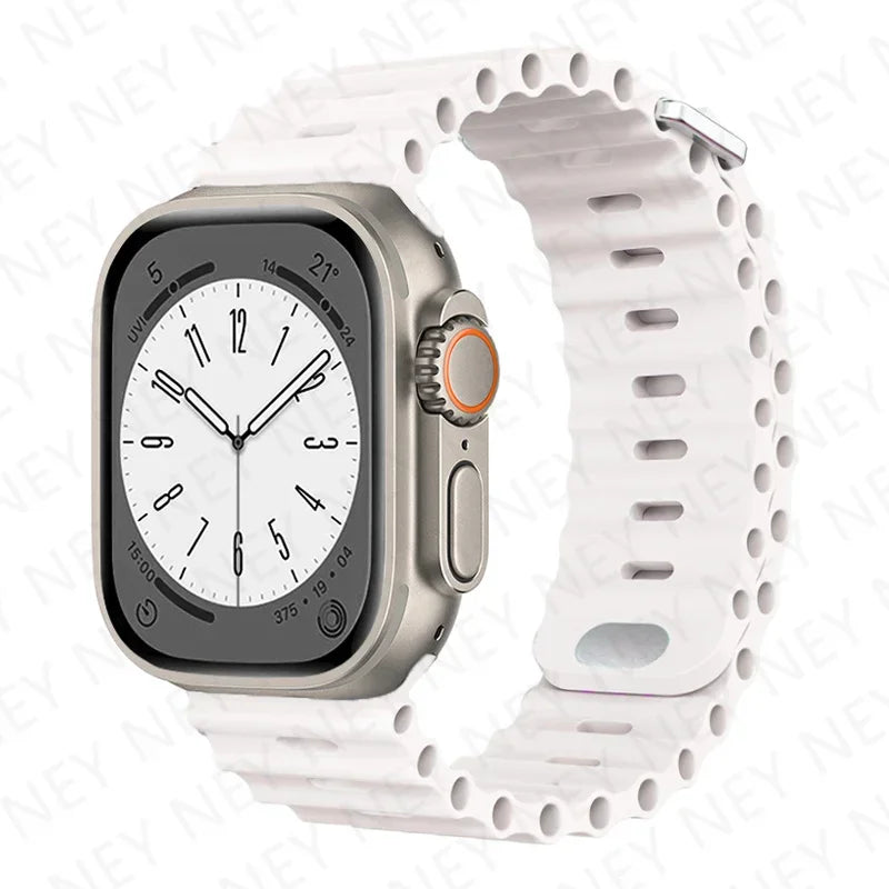 Ocean Silicone Strap for Apple Watch Ultra 2 & Series 9–3 SE, Adjustable 40–49mm Band